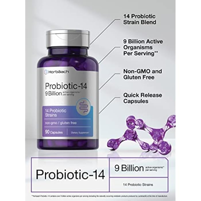 Horbäach Probiotics for Women & Men | 14 Strains for Digestive Health | 9 Billion CFU | 90 Capsules | Non-GMO & Gluten Free Supplement - Image 3