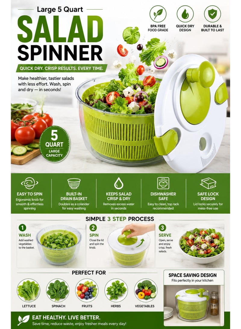 Large 5 Quart Salad Spinner, Quick Dry Fruits & Vegetables Dryer, Dishwasher Safe