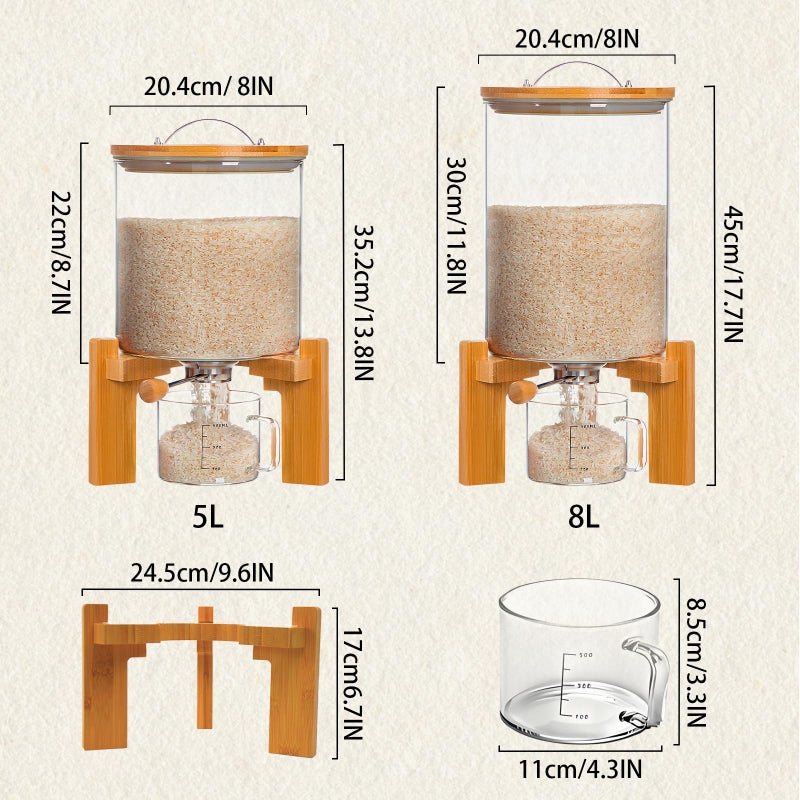 Aprilhp Rice Dispenser, Rice Storage Container, Flour and Cereal Container for Kitchen Organization and Pantry Store, Glass Cereal dispenser with Airtight Lid and Wooden Stand 5L - Image 3