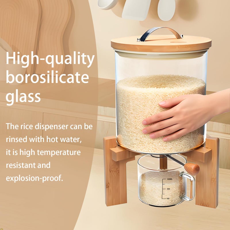 Aprilhp Rice Dispenser, Rice Storage Container, Flour and Cereal Container for Kitchen Organization and Pantry Store, Glass Cereal dispenser with Airtight Lid and Wooden Stand 5L - Image 2