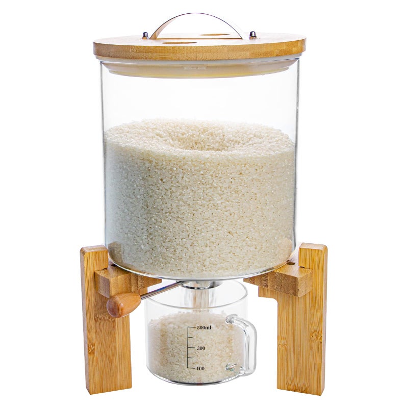 Aprilhp Rice Dispenser, Rice Storage Container, Flour and Cereal Container for Kitchen Organization and Pantry Store, Glass Cereal dispenser with Airtight Lid and Wooden Stand 5L - Image 1
