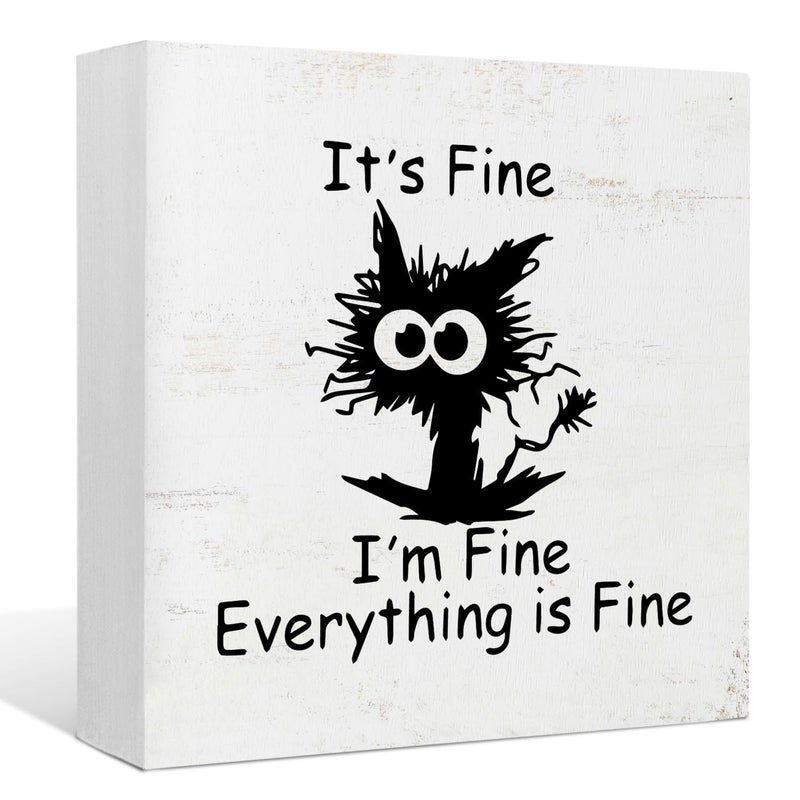 EIONEY Funny Office Desk Decor  Black Cat It's Fine I'm Fine Everything is Fine Wood Box Sign Desk Decor  Home Office Wall Tabletop Shelf Decor 5x5 Inch  Coworker Gift - Image 1