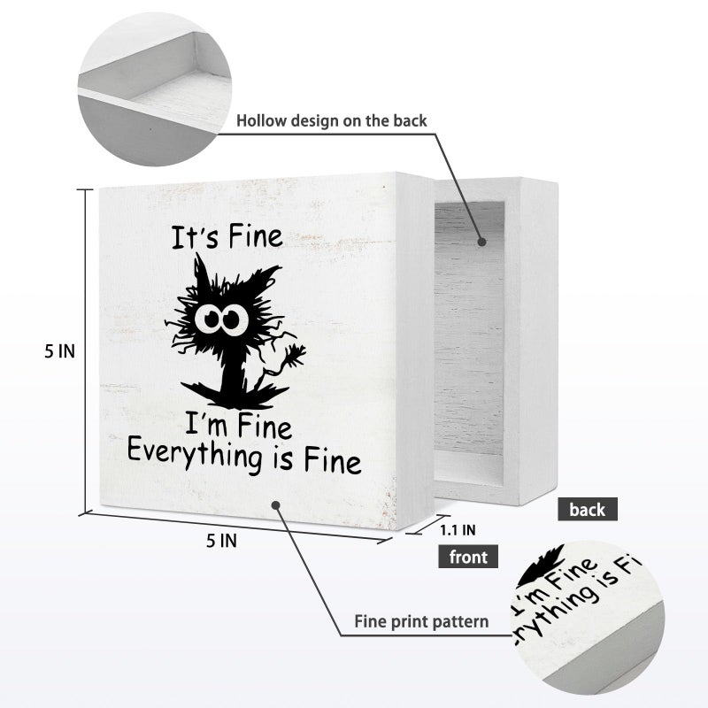 EIONEY Funny Office Desk Decor  Black Cat It's Fine I'm Fine Everything is Fine Wood Box Sign Desk Decor  Home Office Wall Tabletop Shelf Decor 5x5 Inch  Coworker Gift - Image 5