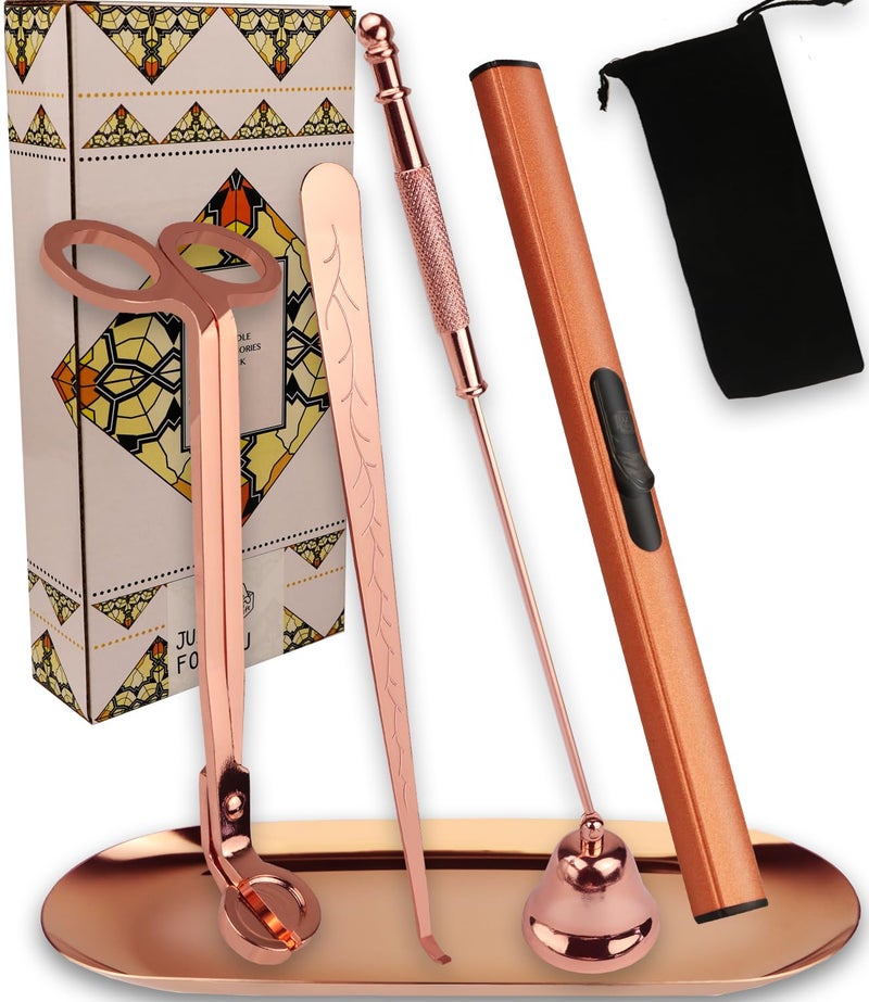 STATABSTA 5IN1 Candle Accessory KitsCandle SnufferCandle Wick Cutter Trimmer Candle Wick Dipper Rechargeable Candle Lighter Storage Tray Plate with Bag Candle Care Kit for Candle Lover Gift Rose Golden