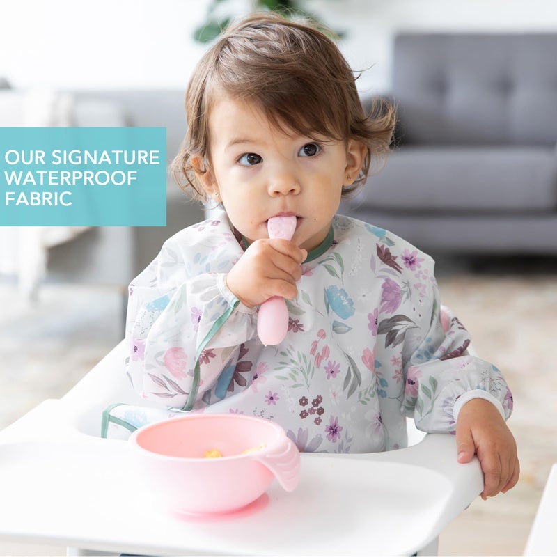 Bumkins Sleeved Bib for Girl or Boy, Baby and Toddler for 6-24 Mos, Essential Must Have for Eating, Feeding, Baby Led Weaning Supplies, Long Sleeve Mess Saving Food Catcher, Soft Fabric, Floral Gray - Image 3