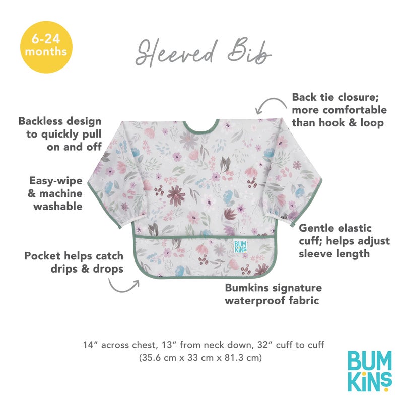 Bumkins Sleeved Bib for Girl or Boy, Baby and Toddler for 6-24 Mos, Essential Must Have for Eating, Feeding, Baby Led Weaning Supplies, Long Sleeve Mess Saving Food Catcher, Soft Fabric, Floral Gray - Image 5