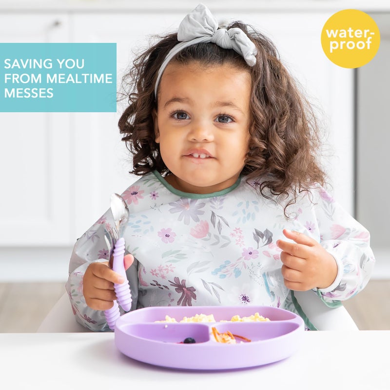 Bumkins Sleeved Bib for Girl or Boy, Baby and Toddler for 6-24 Mos, Essential Must Have for Eating, Feeding, Baby Led Weaning Supplies, Long Sleeve Mess Saving Food Catcher, Soft Fabric, Floral Gray - Image 2