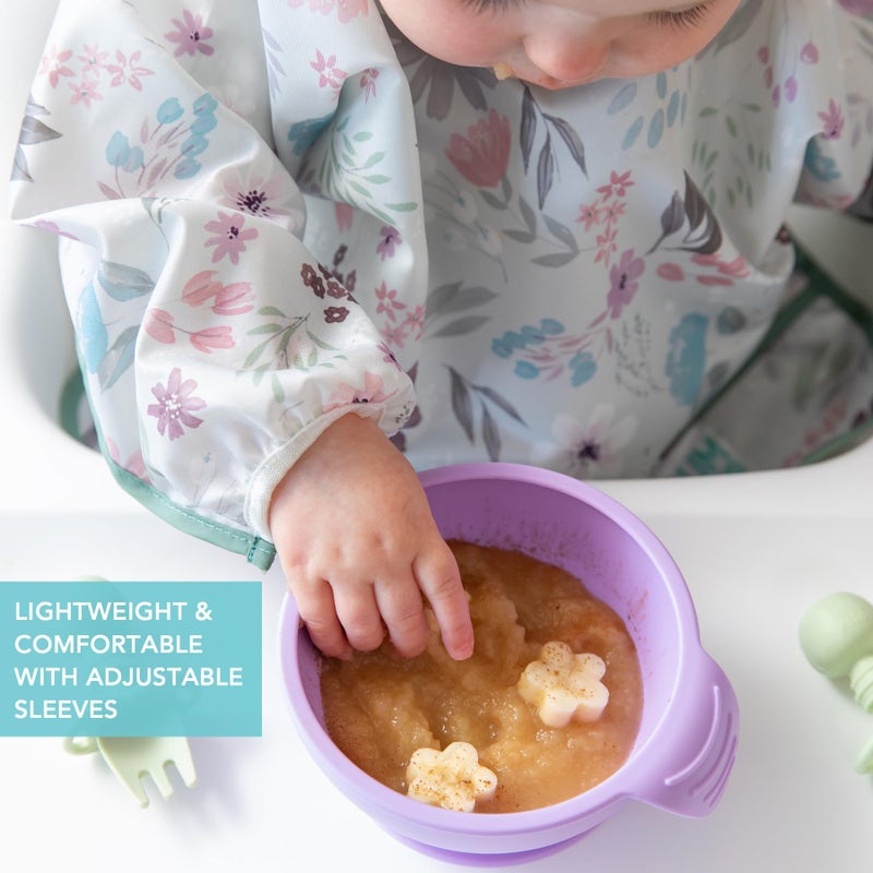 Bumkins Sleeved Bib for Girl or Boy, Baby and Toddler for 6-24 Mos, Essential Must Have for Eating, Feeding, Baby Led Weaning Supplies, Long Sleeve Mess Saving Food Catcher, Soft Fabric, Floral Gray - Image 4