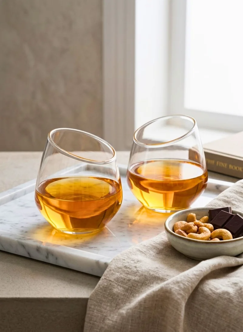 1 تشيس طقم أكواب زجاجية مائلة من زجاج البوروسيليكات (قطعتان) - كوب عصري مائل سعة 350 مل للويسكي والنبيذ والكوكتيل، زجاج شرب شفاف خالٍ من الرصاص