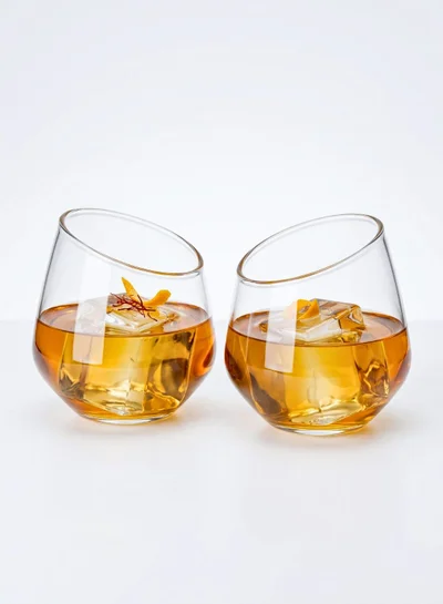1Chase Slanted Borosilicate Glass Set (2 PCS) – 350ML Modern Tilted Whiskey, Wine & Cocktail Glass, Lead-Free Clear Drinking Glass