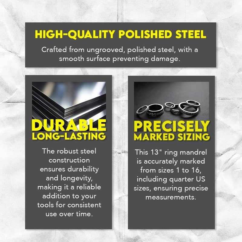 SE 13Inch Polished Steel Ring Mandrel  Marked 1 to 16 US Sizes Ungrooved with Knurled Handle for Jewelry Making and Sizing  JTSP2 - Image 2
