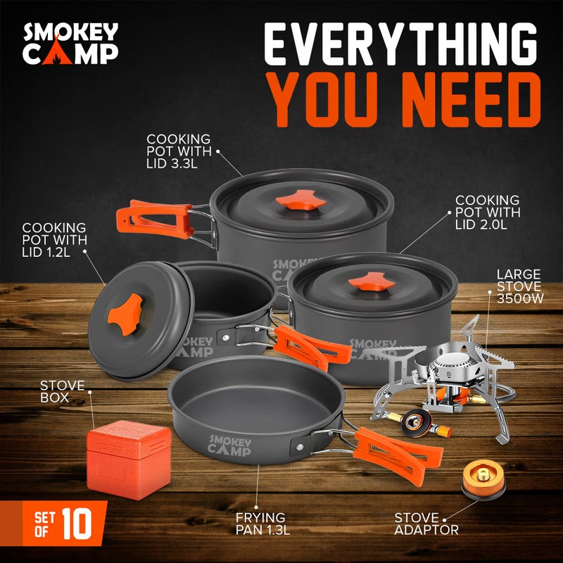 Smokey Camp طقم طهي للتخييم 10 قطع مع موقد ومحولات - 3 قدرات كبيرة ومتوسطة وصغيرة، 1 مقلاة كبيرة، 1 موقد، 1 محول، أدوات طهي غير لاصقة مدمجة، كل شيء في واحد للتنزه والنزهات في الهواء الطلق - Image 3