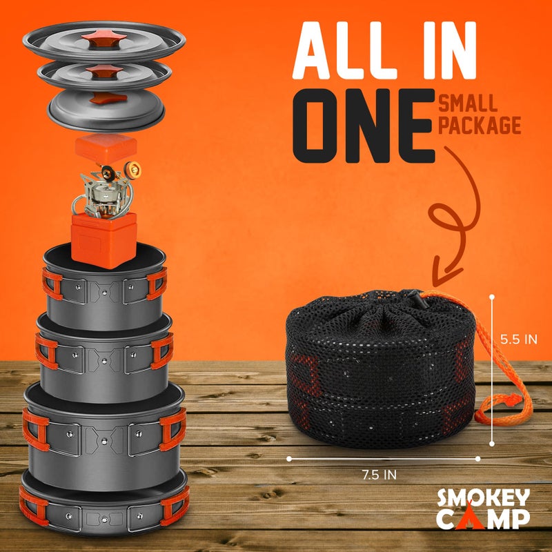 Smokey Camp طقم طهي للتخييم 10 قطع مع موقد ومحولات - 3 قدرات كبيرة ومتوسطة وصغيرة، 1 مقلاة كبيرة، 1 موقد، 1 محول، أدوات طهي غير لاصقة مدمجة، كل شيء في واحد للتنزه والنزهات في الهواء الطلق - Image 2