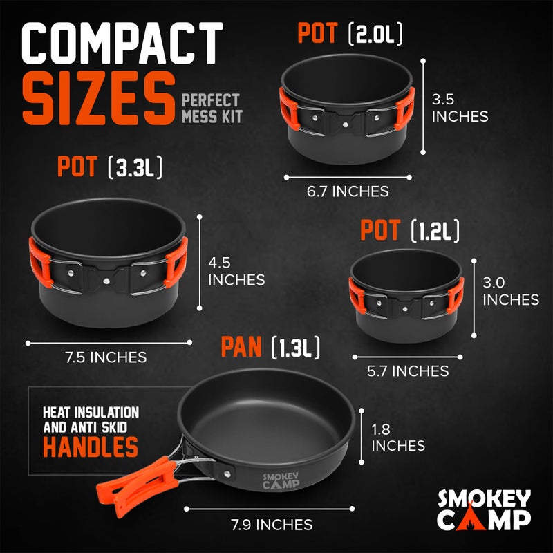 Smokey Camp طقم طهي للتخييم 10 قطع مع موقد ومحولات - 3 قدرات كبيرة ومتوسطة وصغيرة، 1 مقلاة كبيرة، 1 موقد، 1 محول، أدوات طهي غير لاصقة مدمجة، كل شيء في واحد للتنزه والنزهات في الهواء الطلق - Image 4
