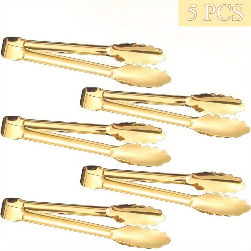 Gold Plated 304 Stainless Steel Serving Tongs 11 Inch 5 Pcs Durable BBQ Kitchen Cooking Clips - Image 1
