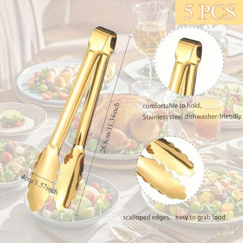 Gold Plated 304 Stainless Steel Serving Tongs 11 Inch 5 Pcs Durable BBQ Kitchen Cooking Clips - Image 2
