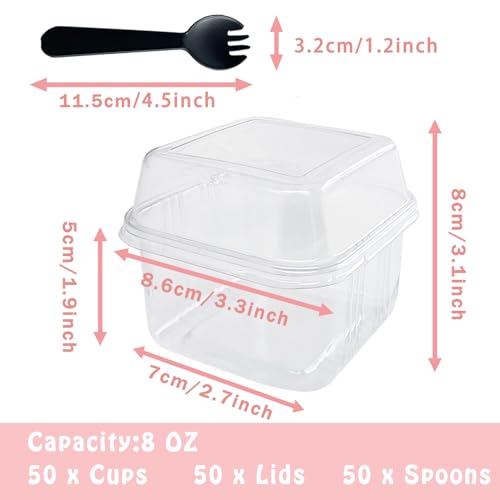 Cshangzei 100Pcs 8oz Plastic Dessert Cups with Lids and Spoons,Disposable Parfait Cup Square Cake Containers for Party Favor,Mousse,Yogurt,Pudding,Snacks,Fruits,50 Sets - Image 2
