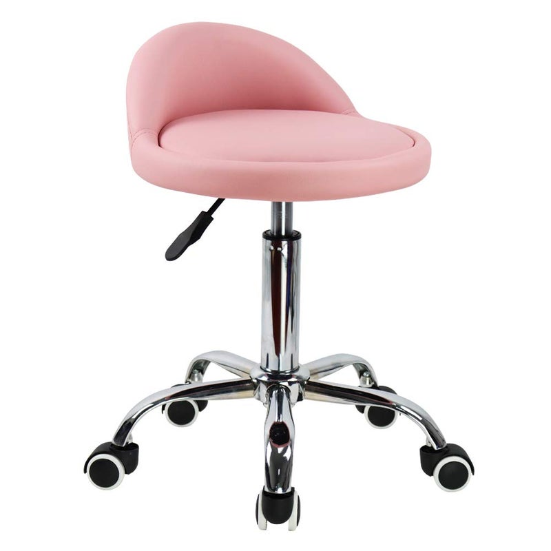 KKTONER PU Leather Round Rolling Stool with Back Rest Height Adjustable Swivel Drafting Work SPA Task Chair with Wheels Pink - Image 1