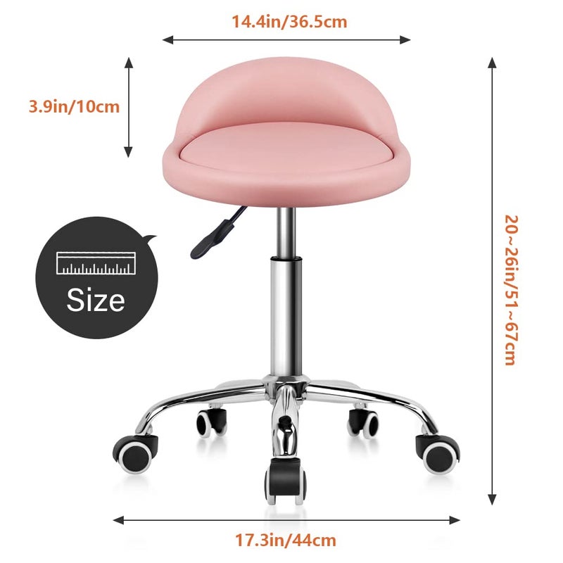KKTONER PU Leather Round Rolling Stool with Back Rest Height Adjustable Swivel Drafting Work SPA Task Chair with Wheels Pink - Image 3