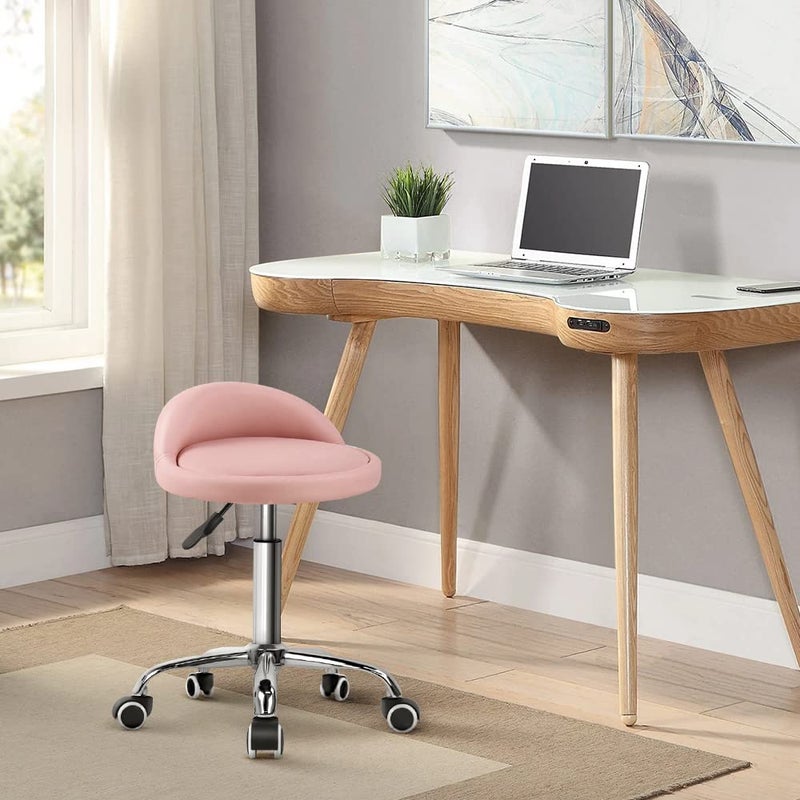 KKTONER PU Leather Round Rolling Stool with Back Rest Height Adjustable Swivel Drafting Work SPA Task Chair with Wheels Pink - Image 2