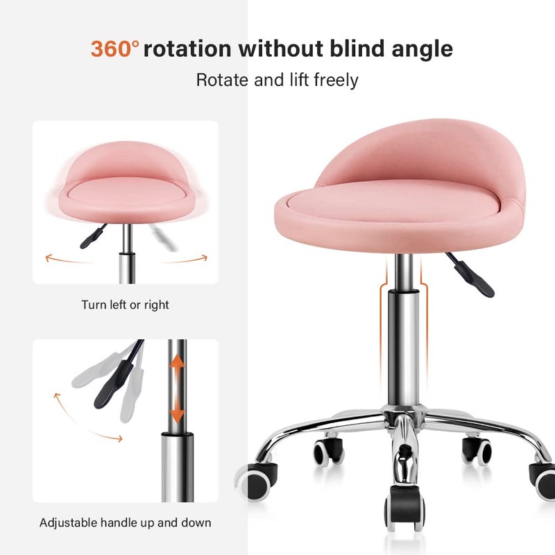 KKTONER PU Leather Round Rolling Stool with Back Rest Height Adjustable Swivel Drafting Work SPA Task Chair with Wheels Pink - Image 4