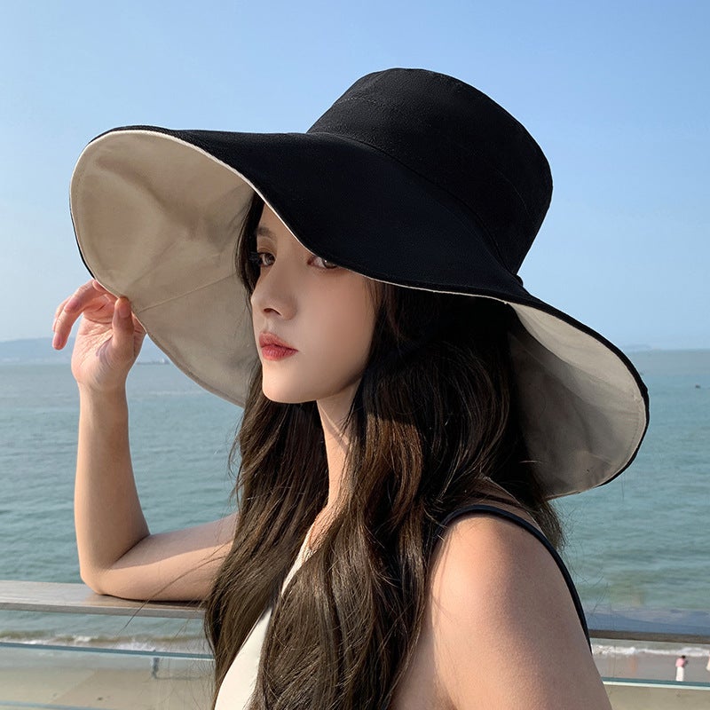 Womens Wide Brim Sun Hat UV Protection Fashion Bucket Cap Black + Beige - Image 1