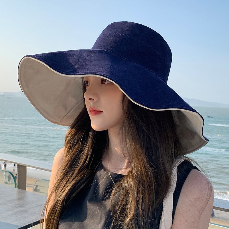 Womens Wide Brim Sun Hat UV Protection Fashion Bucket Cap Black + Beige - Image 2
