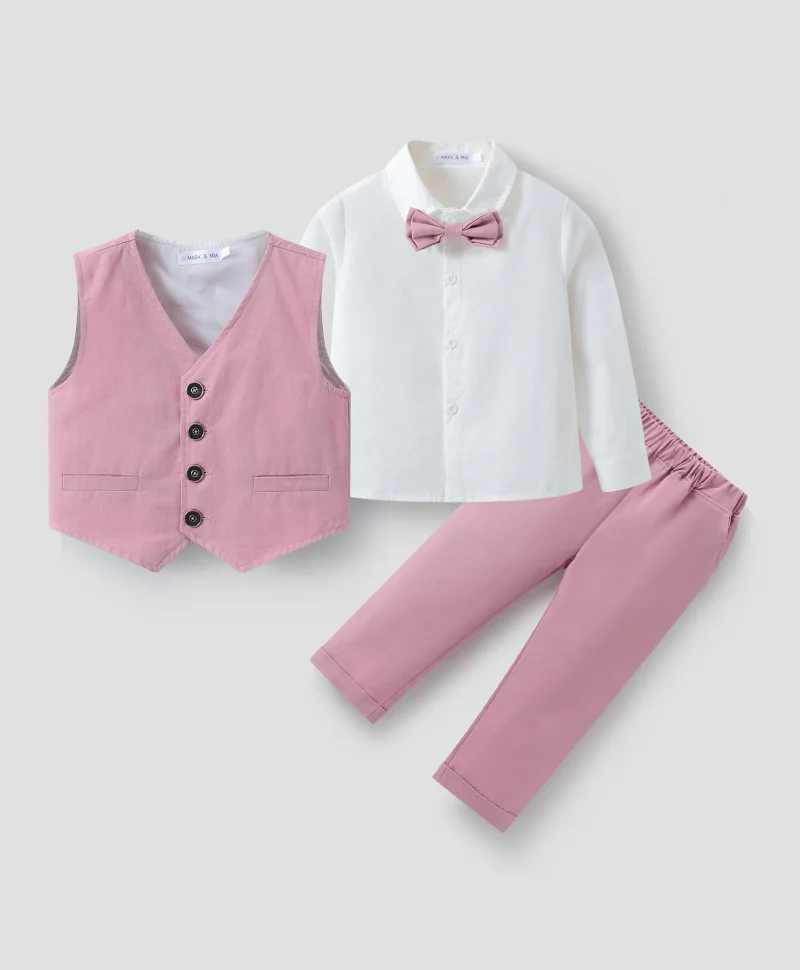 Mark & Mia Mark & Mia Shirt and Pair of Pants with Waistcoat Party Suit Set - Pink and White