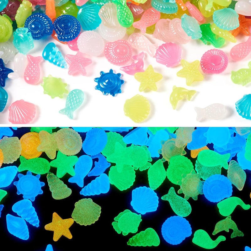 BB Beadthoven Beadthoven 300Pcs Glow in The Dark Sea Shells Starfish Luminous Pebbles Plastic Seashells Conch Sea Animal Glow Stones for Table Scatters Beach Mermaid Party Decoration Vase Fillers DIY Crafts - Image 1