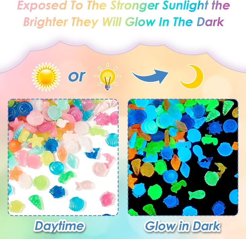 BB Beadthoven Beadthoven 300Pcs Glow in The Dark Sea Shells Starfish Luminous Pebbles Plastic Seashells Conch Sea Animal Glow Stones for Table Scatters Beach Mermaid Party Decoration Vase Fillers DIY Crafts - Image 4