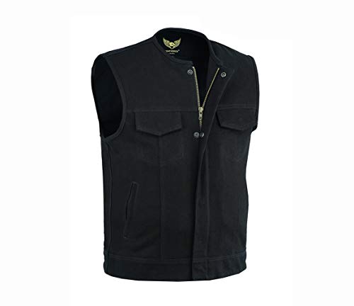 Leatherick Mens SOA Black Denim Motorcycle Vests Bikers Club Vest with Concealed Carry Pockets as1 alpha 3x_l regular regular Collarless