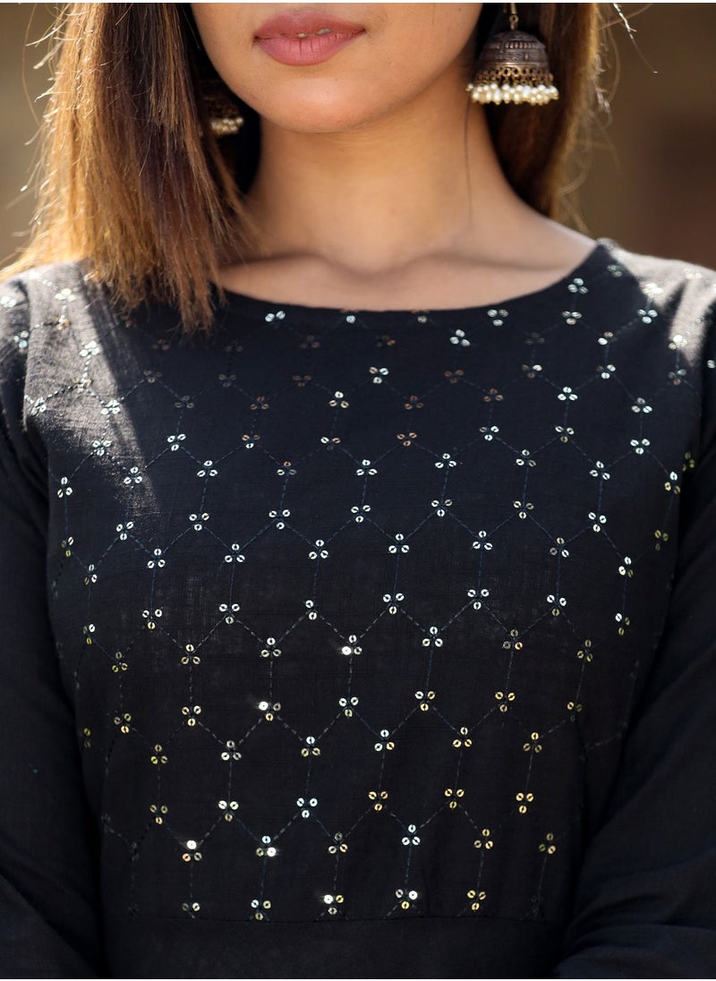 Swadesh Souq - Women's Black Sequin Cotton Anarkali Kurta – Elegant Festive Wear Dress - Image 1