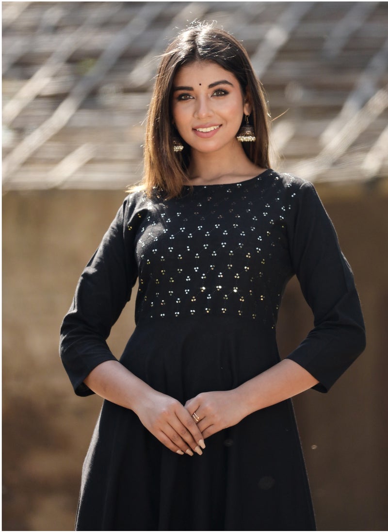 Swadesh Souq - Women's Black Sequin Cotton Anarkali Kurta – Elegant Festive Wear Dress - Image 1