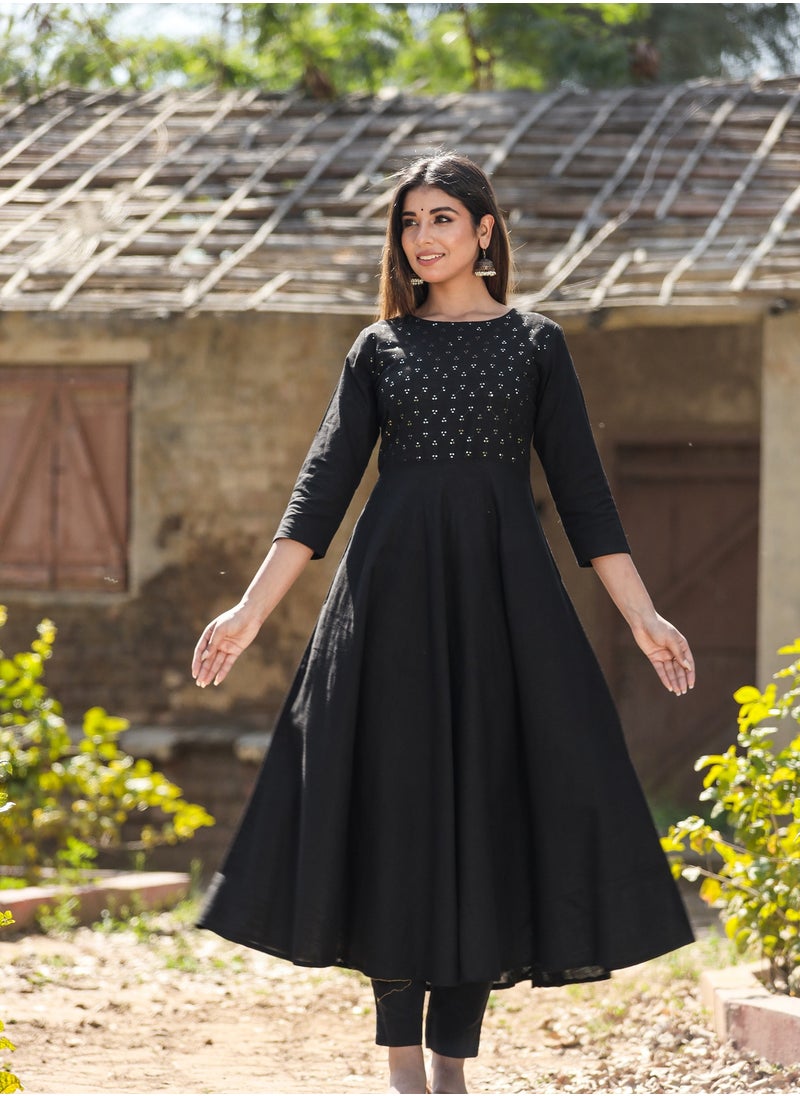 Swadesh Souq - Women's Black Sequin Cotton Anarkali Kurta – Elegant Festive Wear Dress - Image 1
