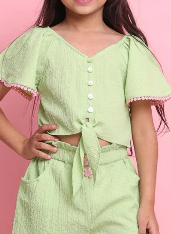 Saka Designs Girls Green V-Neck Top With Shorts Set