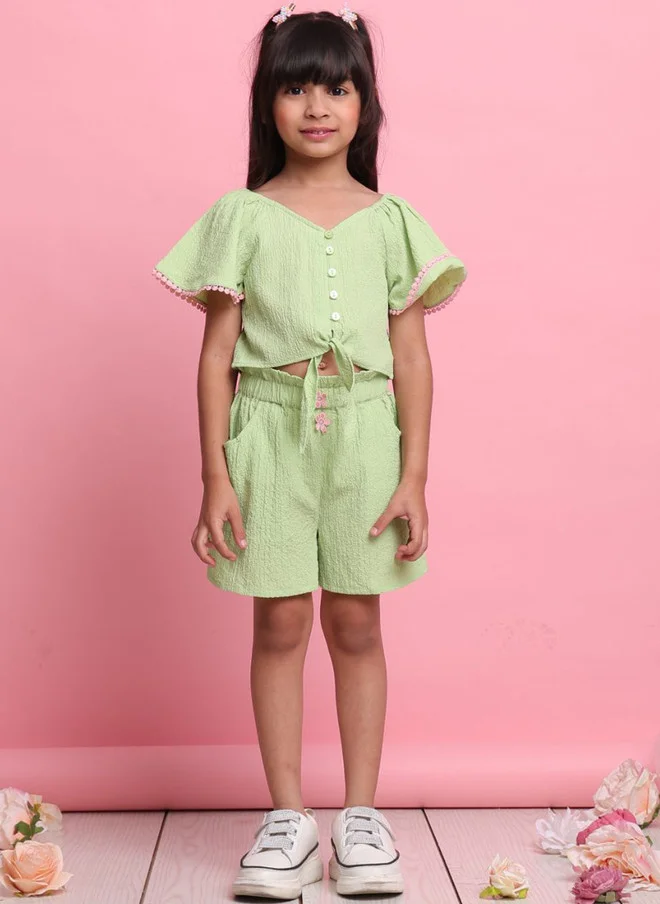 Saka Designs Girls Green V-Neck Top With Shorts Set