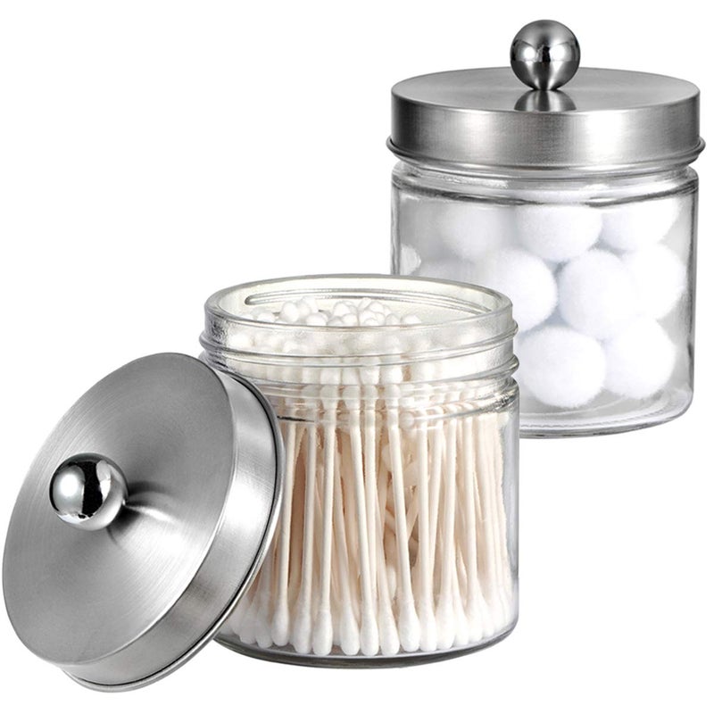 SheeChung Bathroom Organizers and Storage - 2Pack Qtip Holders Bathroom Canister Apothecary Jars for Cotton Swabs, Rounds, Balls, Qtips,Makeup Sponges, Flossers,Bath Salts - Brushed Nickel - Image 1
