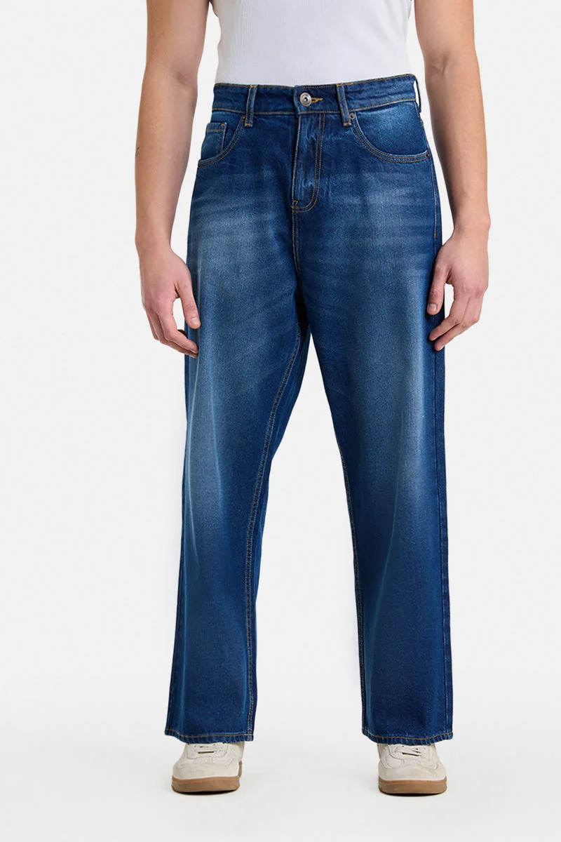Snitch Blue Blue Solid Loose Fit Streetwear Jeans for Men | Best Price UAE