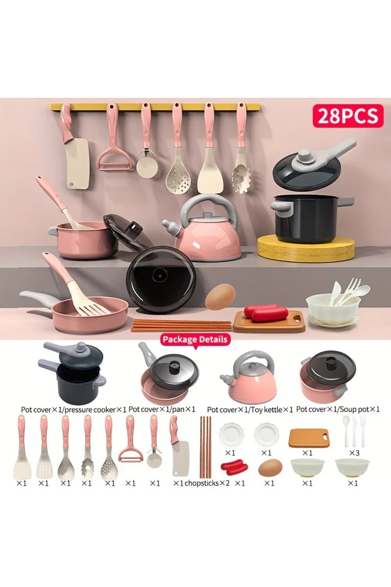 إيروريكس مجموعة أدوات مطبخ صغيرة وردية اللون مكونة من 28 قطعة، ألعاب مطبخ للأطفال، ألعاب طبخ تمثيلية، أدوات طهي - Image 1