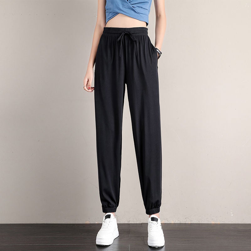 2024 Sports Pants Womens Relaxed-fit Summer Thin Casual Pants Sagging Slimming Copper Ammonia Wire Wide-leg Bloomers Black 