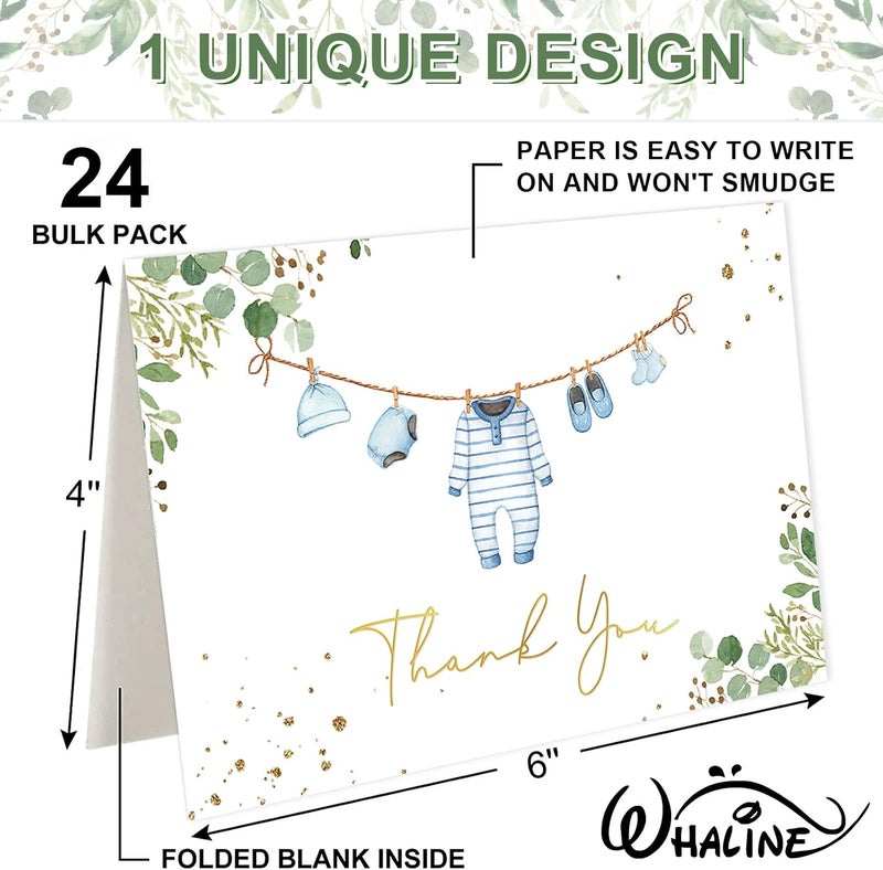 Whaline Baby Shower Thank You Cards 24 Pack Blue Baby Note Cards with Envelope Sticker Foil Gold Greeting Cards for Birthday Gender Reveal - Image 2