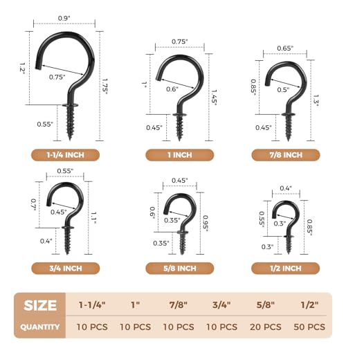 RELBRO Screw Hooks, 6 Sizes Metal Screw in Cup Hooks, 1/2 Inch, 5/8 Inch, 3/4 Inch, 7/8 Inch, 1 Inch, 1-1/4 Inch, Black, 110 Pcs - Image 3
