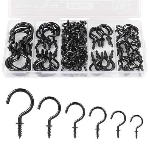 RELBRO Screw Hooks, 6 Sizes Metal Screw in Cup Hooks, 1/2 Inch, 5/8 Inch, 3/4 Inch, 7/8 Inch, 1 Inch, 1-1/4 Inch, Black, 110 Pcs - Image 1
