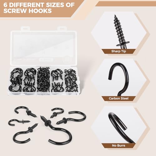 RELBRO Screw Hooks, 6 Sizes Metal Screw in Cup Hooks, 1/2 Inch, 5/8 Inch, 3/4 Inch, 7/8 Inch, 1 Inch, 1-1/4 Inch, Black, 110 Pcs - Image 4