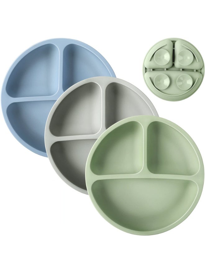 HZYH Toddler Plates Set of 3 - Baby Suction Cup - 100% Silicone Baby Plates - BPA Free - Microwave and Dishwasher - Divided Design - Blue, Green & Gray - Image 1