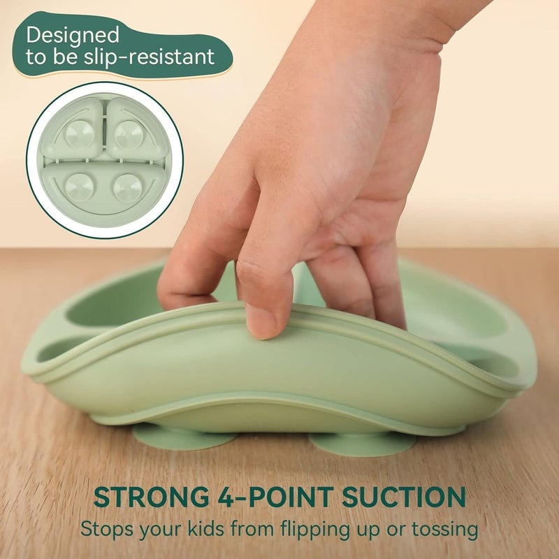 HZYH Toddler Plates Set of 3 - Baby Suction Cup - 100% Silicone Baby Plates - BPA Free - Microwave and Dishwasher - Divided Design - Blue, Green & Gray - Image 3