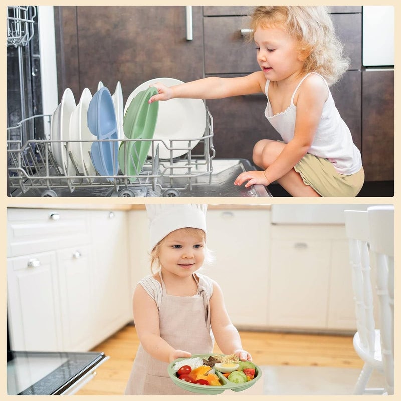 HZYH Toddler Plates Set of 3 - Baby Suction Cup - 100% Silicone Baby Plates - BPA Free - Microwave and Dishwasher - Divided Design - Blue, Green & Gray - Image 4