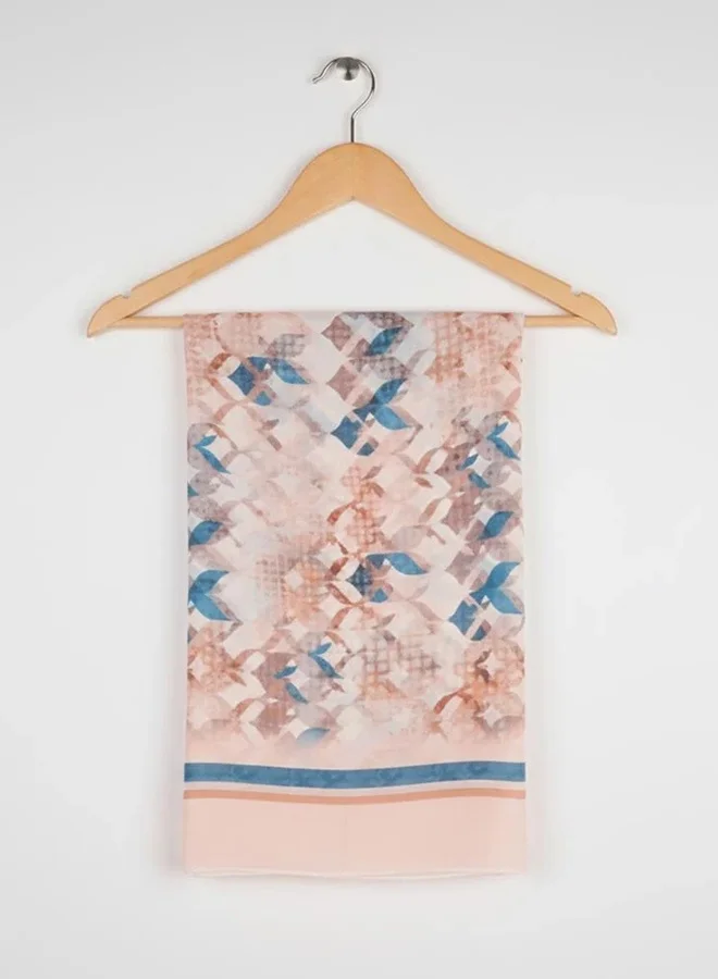 lamha abaya Coffee Beige Scarf – Chiffon with Geometric Pattern and Blue Accents