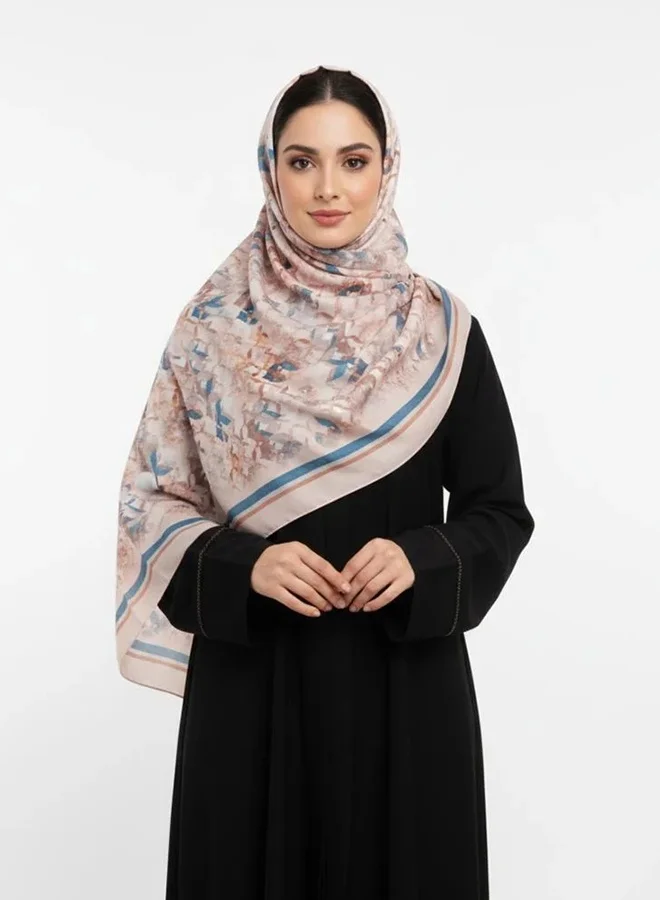 lamha abaya Coffee Beige Scarf – Chiffon with Geometric Pattern and Blue Accents