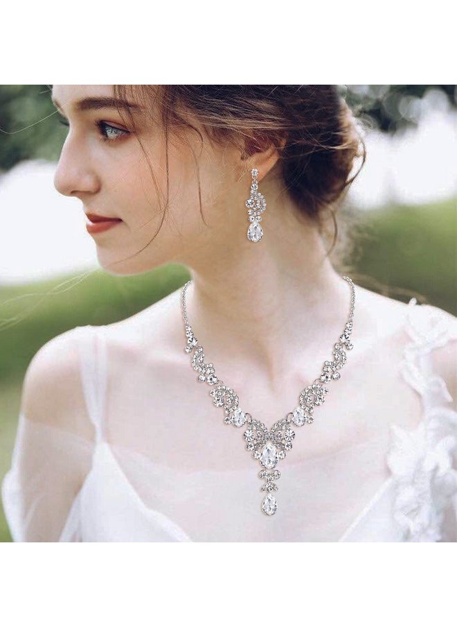 EVER FAITH Wedding Jewelry Sets For Brides Rhinestone Crystal Bridal Floral Wave Teardrop Necklace Earrings Set Clear Silver-Tone  - Image 2